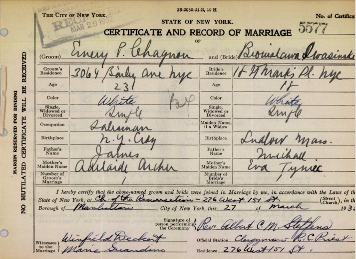 Emery Chagnon and Brouistawa Iwasinaki Marriage Certificate