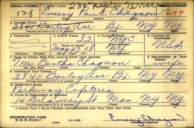 Emery Chagnon WW2 Draft Registration