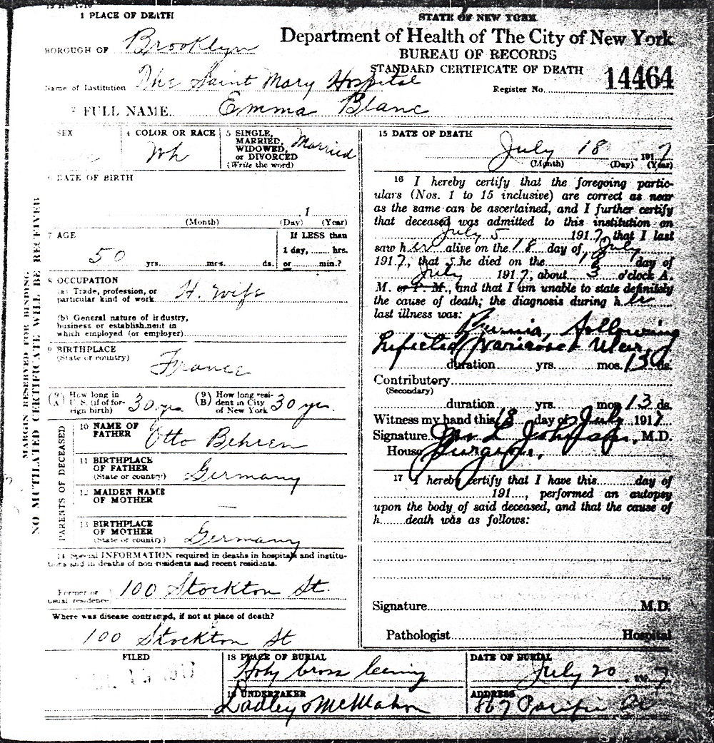 Emma Behrens Blanck Death Certificate
