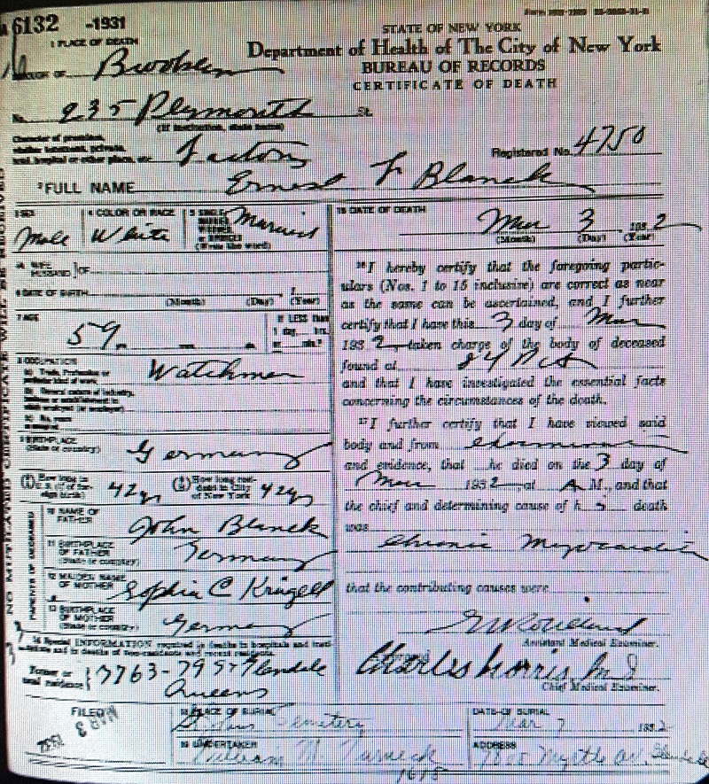 Ernest F. Blanck Death Certificate