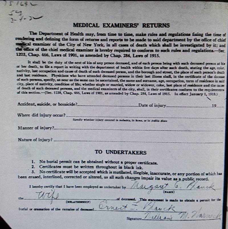 Ernest F. Blanck Death Certificate