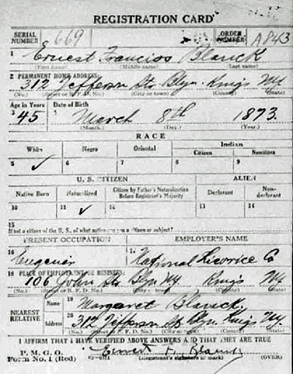 Ernest Blanck World War One Draft Record