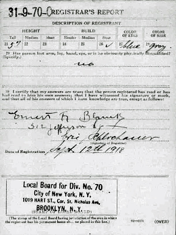 Ernest Blanck World War One Draft Record