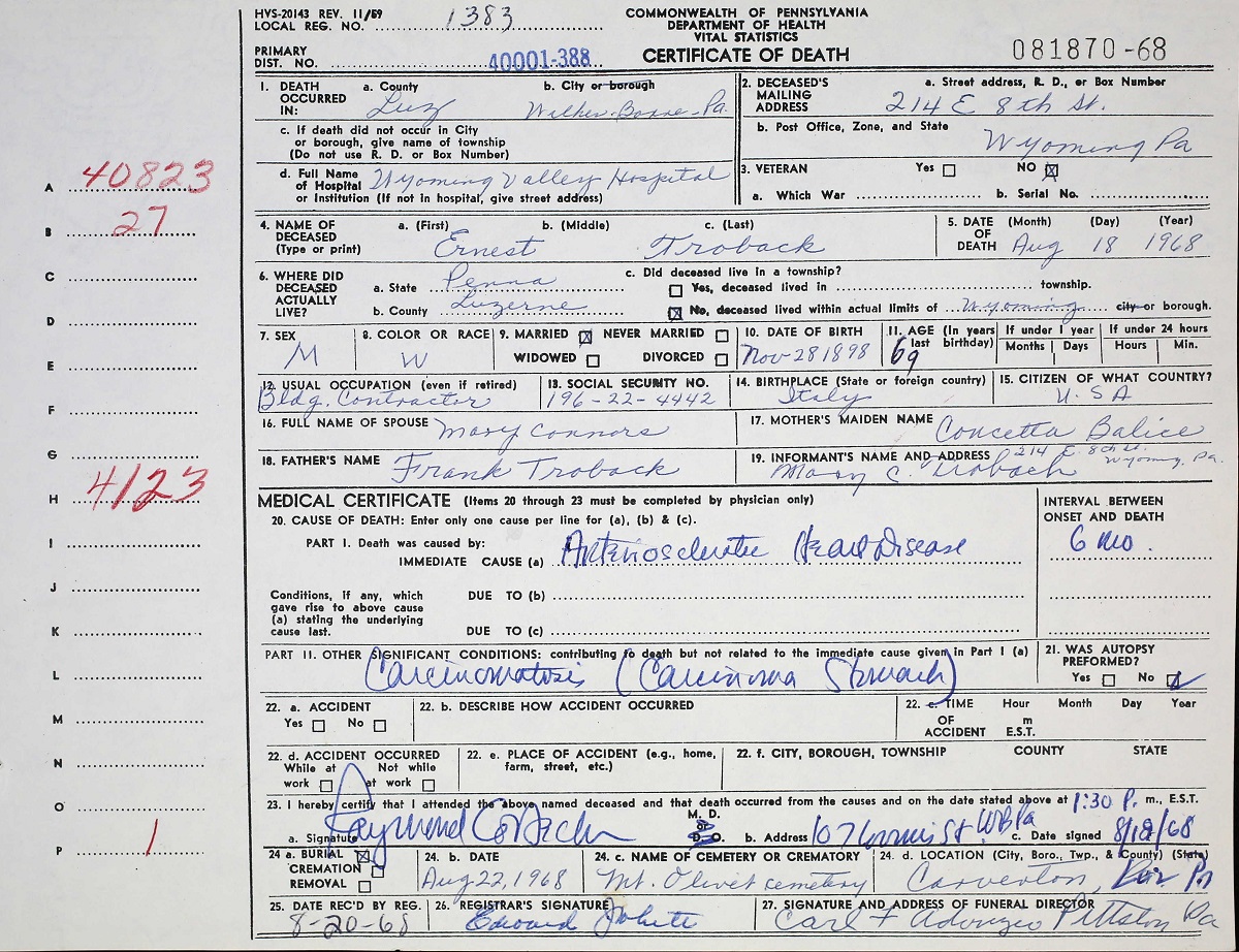 Ernesto Trobacco Death Certificate
