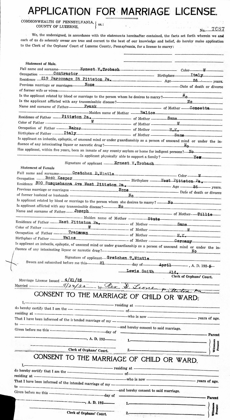 Ernest Trobacco Marriage Record