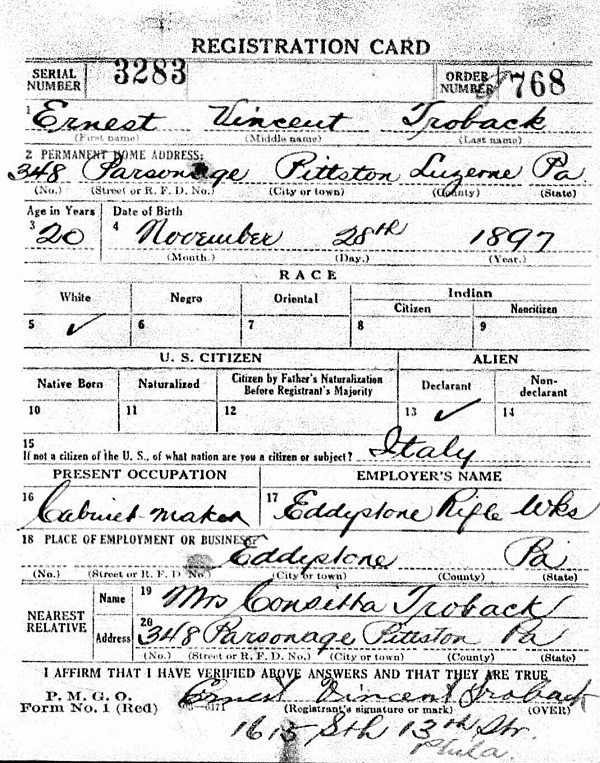 Ernest V. Troback WW1 Draft Registration