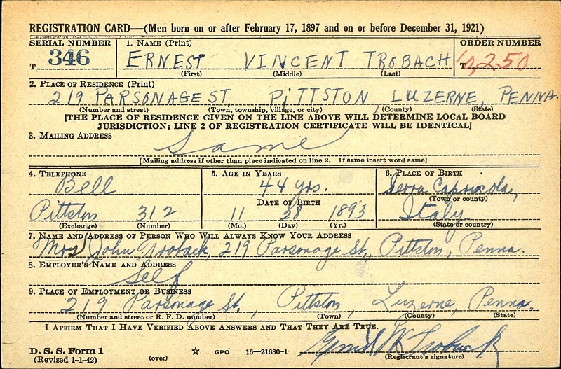 Ernest V. Troback WW2 Draft Registration