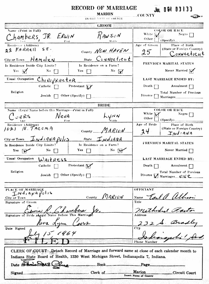 Erwin R. Chambers 1st Marriage Record