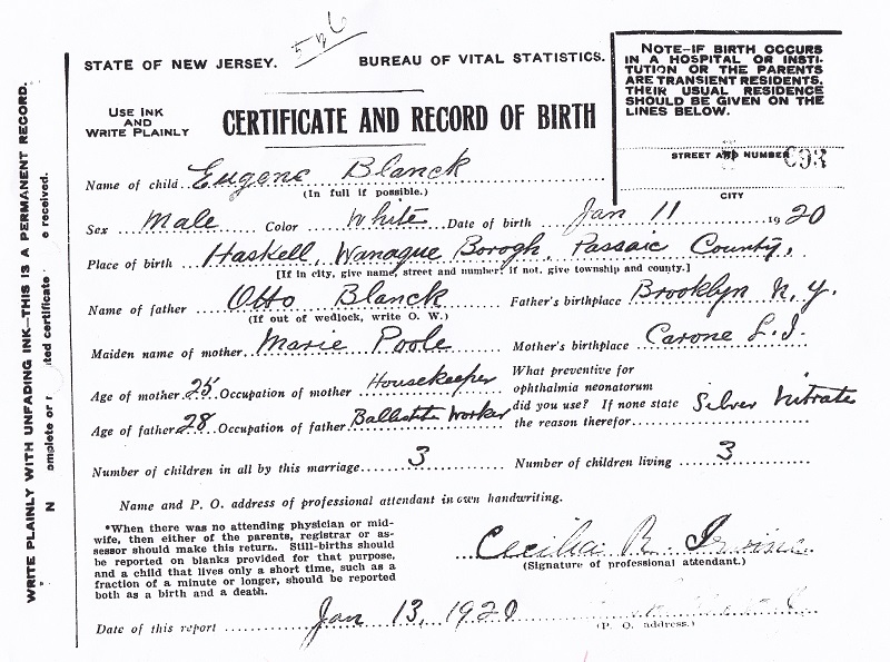 Eugene C. Blanck Birth Certificate