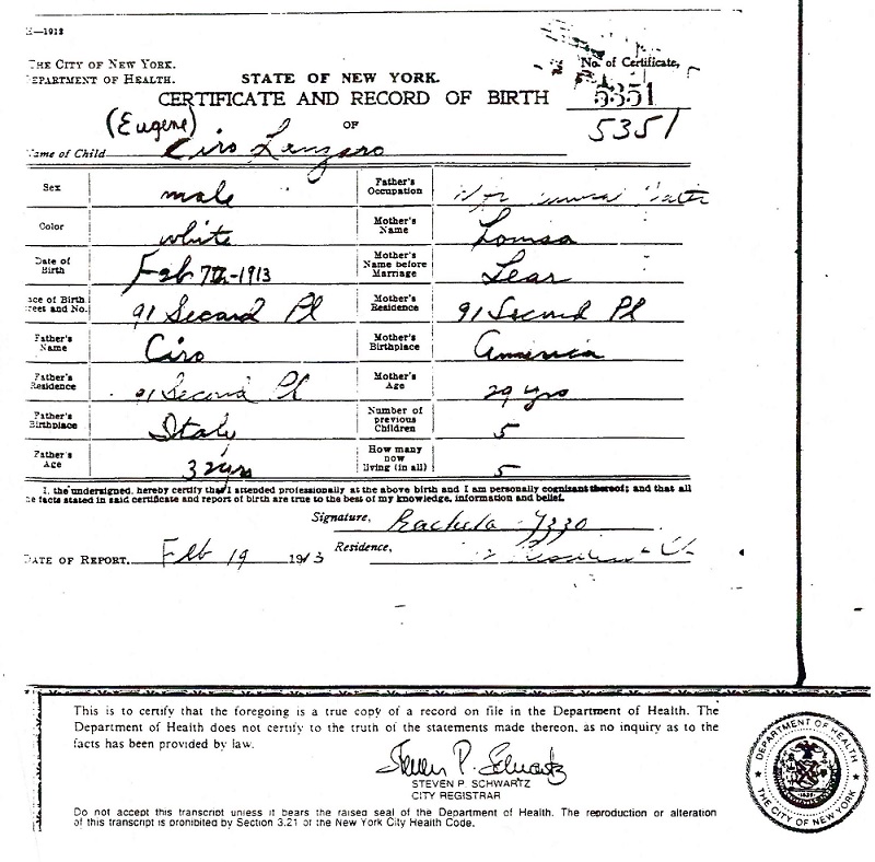Eugene Lanzaro Birth Certificate
