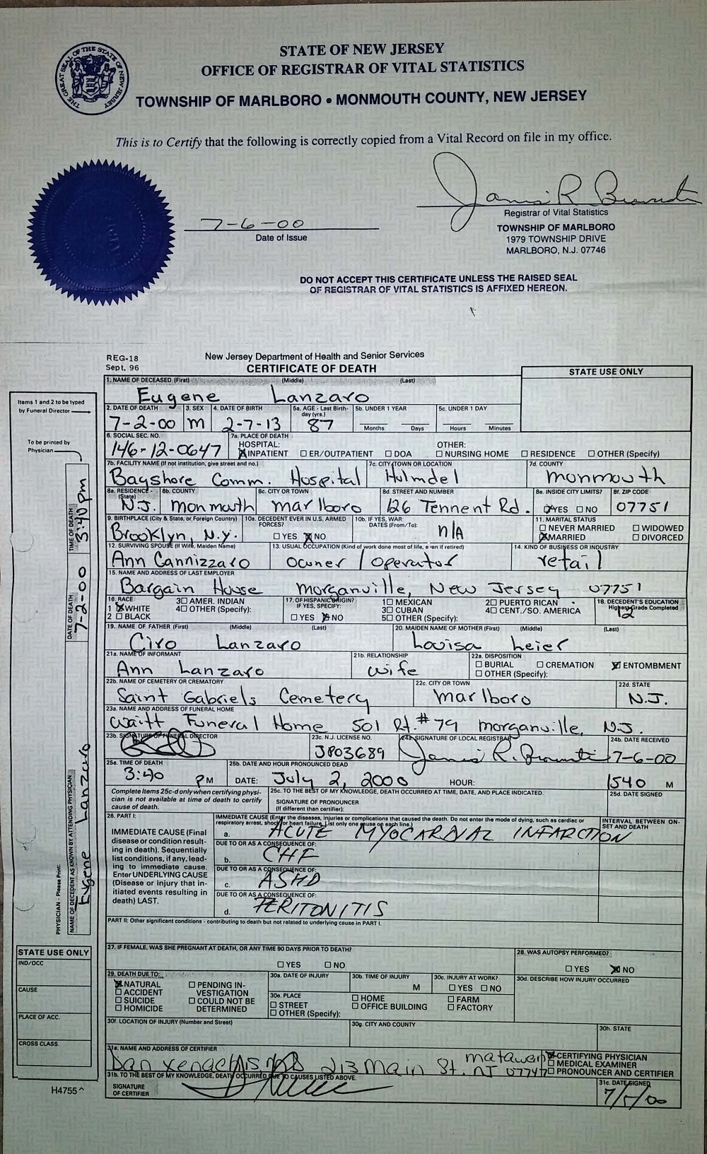 Eugene Lanzaro Death Certificate