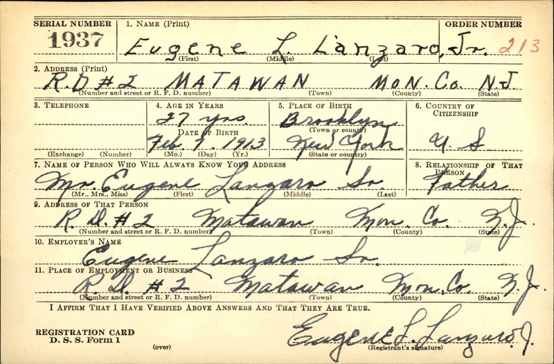 Eugene Lanzaro WW2 Draft Registration