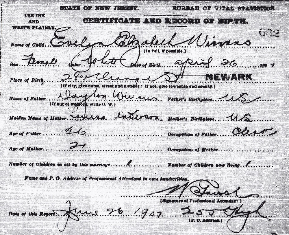 Evelyn Elizabeth Winans Birth Certificate