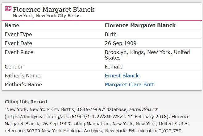Florence M. Blanck Birth Index