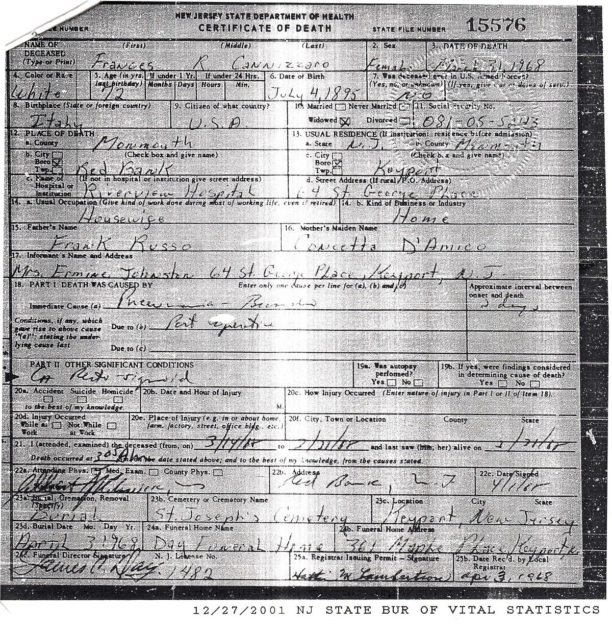 Francesca Russo Cannizzaro Death Certificate