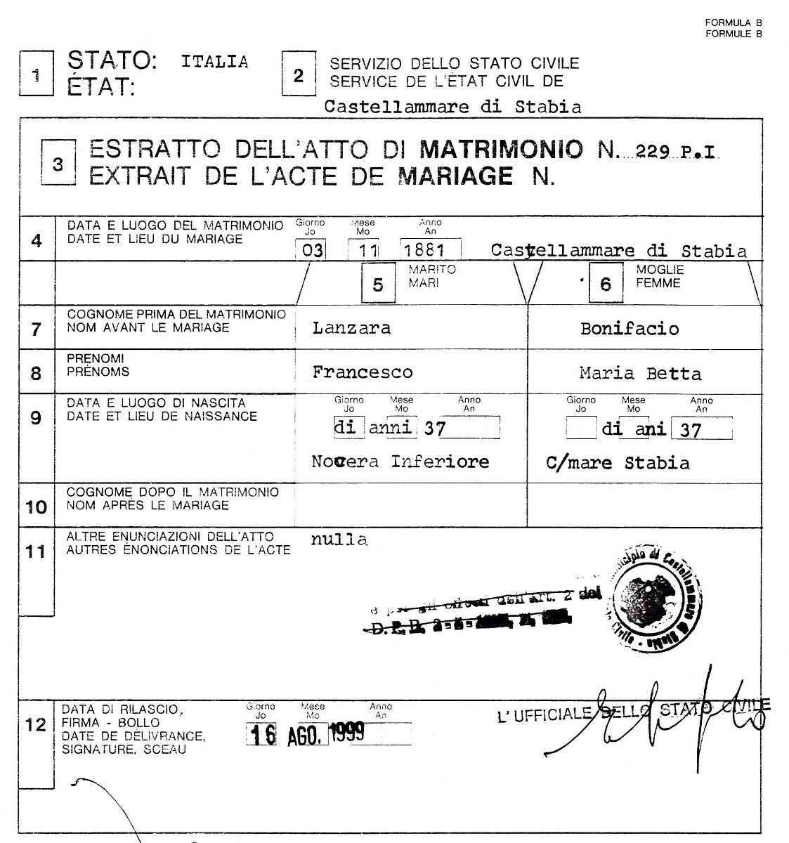 Francesco Lanzara and Elisabetta Bonifacio Marriage Record