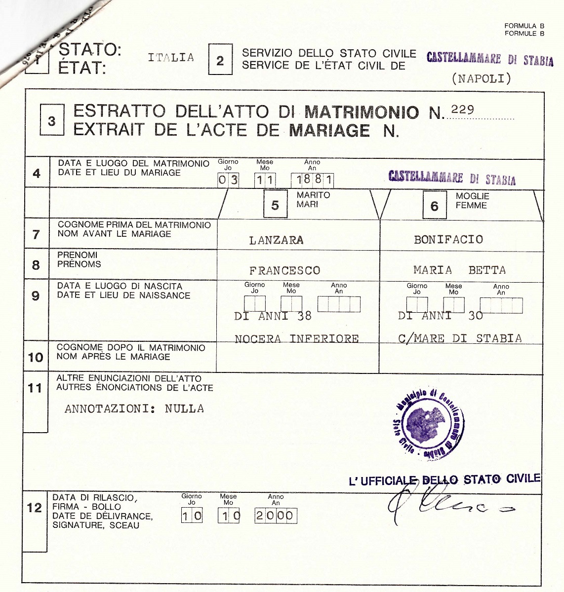 Francesco Lanzara and Elisabetta Bonifacio Marriage Record