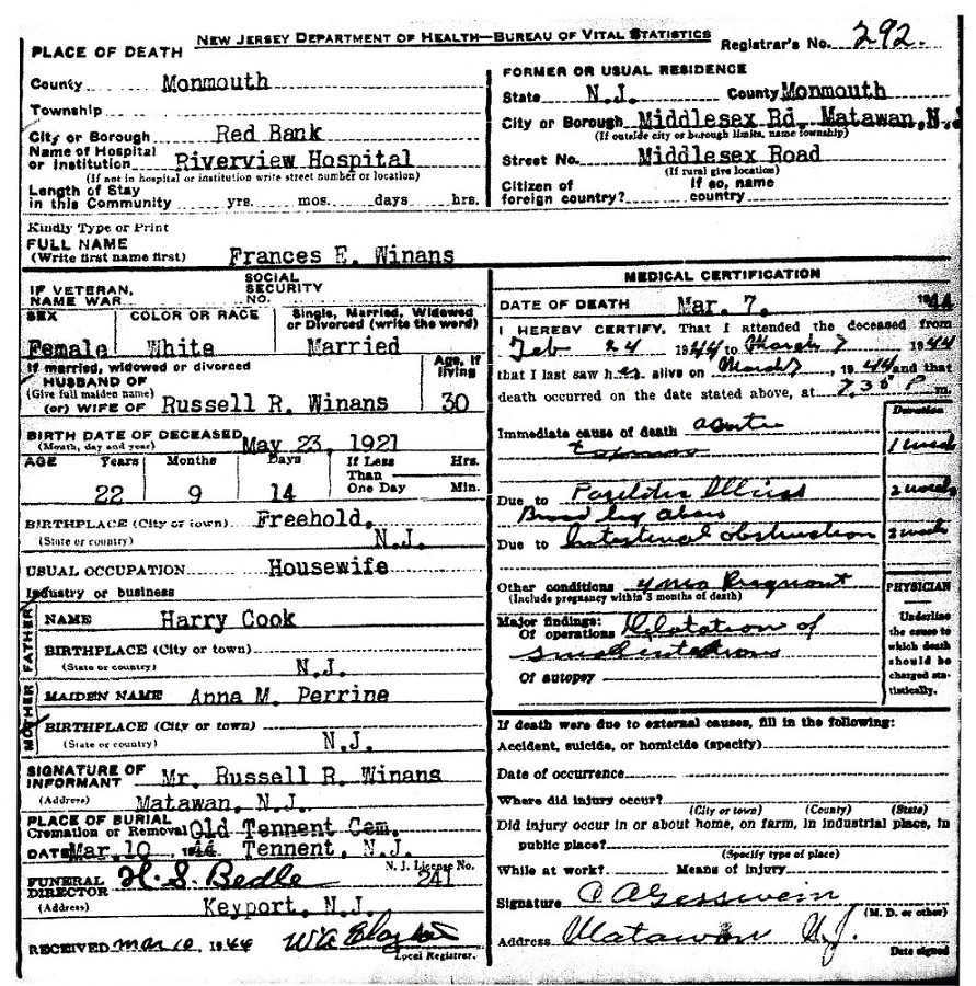 Frances Cook Winans Death Certificate
