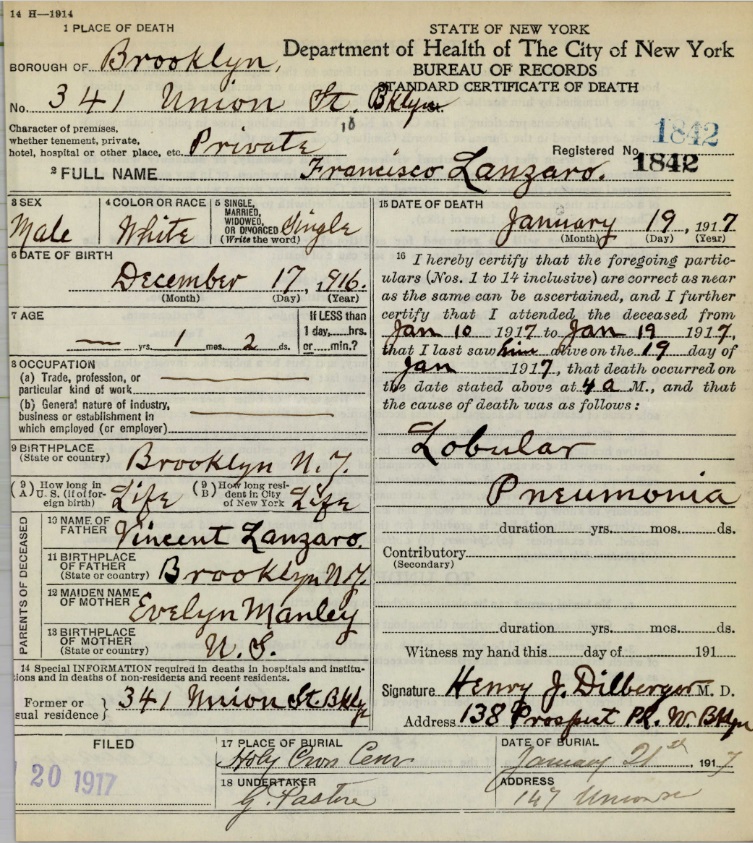 Francisco Lanzaro Death Certificate