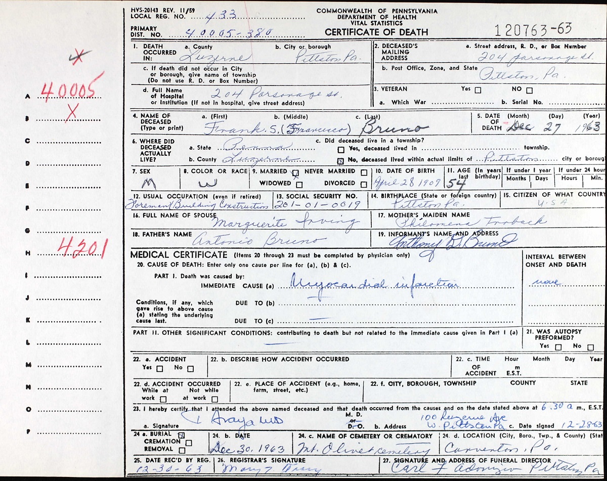 Frank Bruno Death Certificate