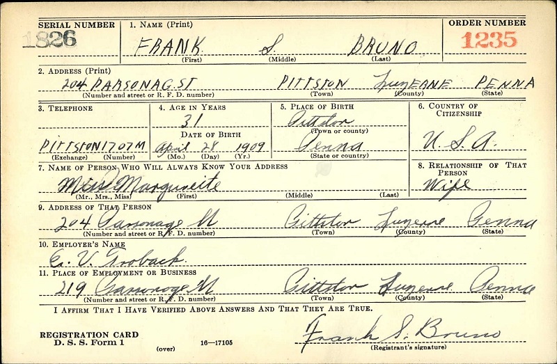 Frank Bruno World War II Draft Registration