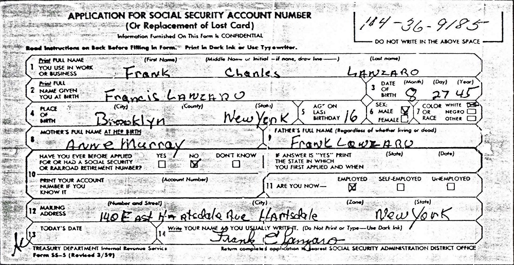Frank Charles Lanzaro, Jr. Application for U.S. Social Security Card