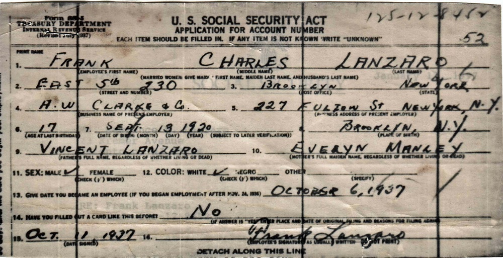 Frank Charles Lanzaro, Sr. Application for U.S. Social Security Card