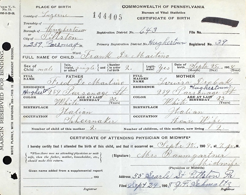 Frank DeMartino Birth Certificate