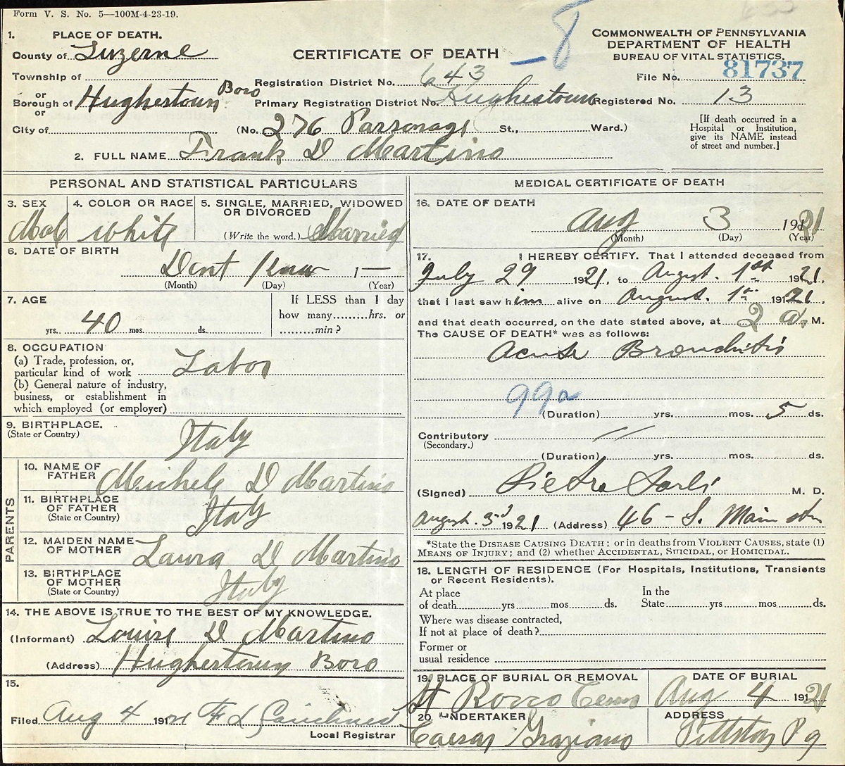 Frank DeMartino Death Certificate