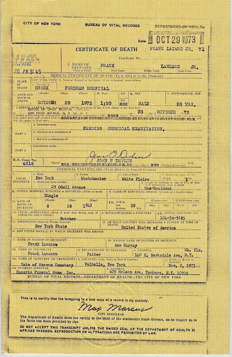Frank Lanzaro Jr. Death Certificate