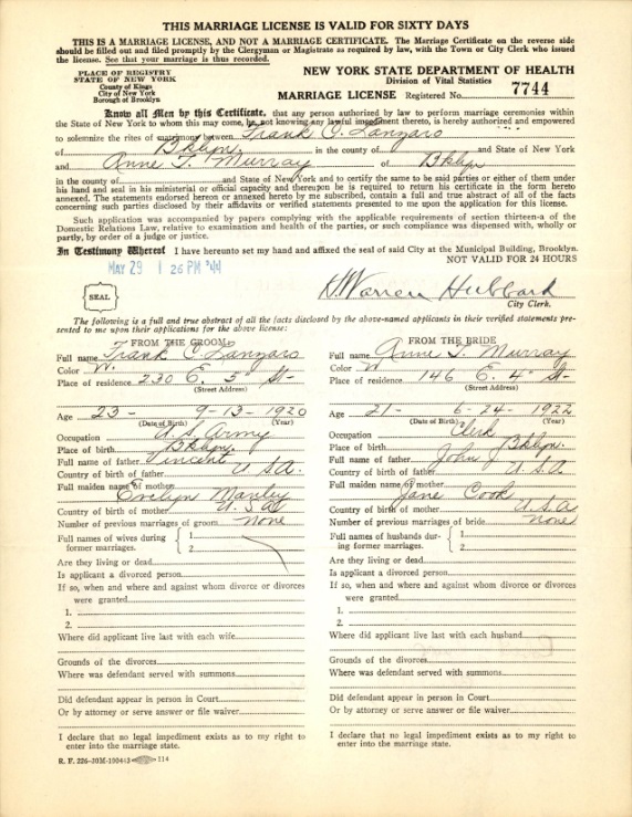 Frank C. Lanzaro Sr. and Anne T. Murray Marriage