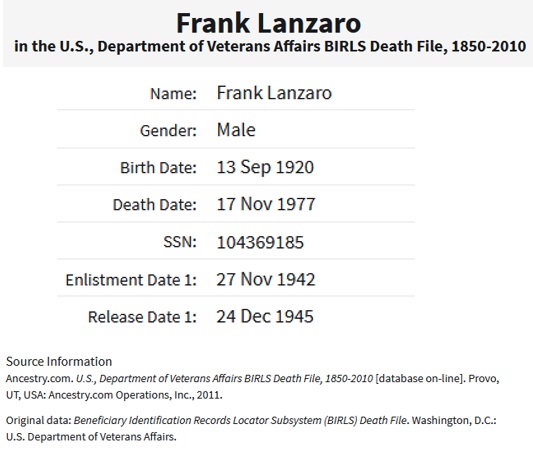 Frank C. Lanzaro Sr. World War Enlistment Records