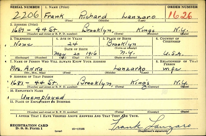Frank Richard Lanzaro World War II Draft Registration