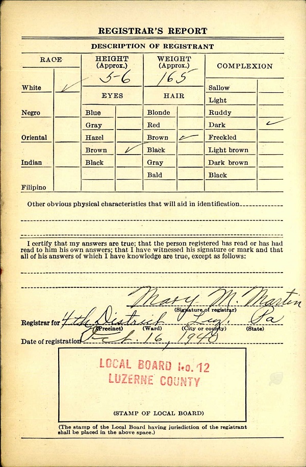 Frank Occhiato WW2 Draft Registration