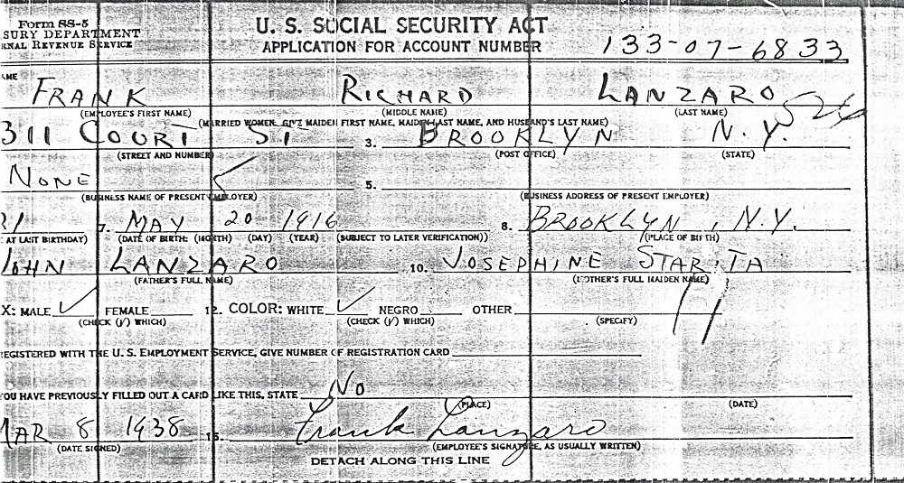 Frank Richard Lanzaro Application for U.S. Social Security Card
