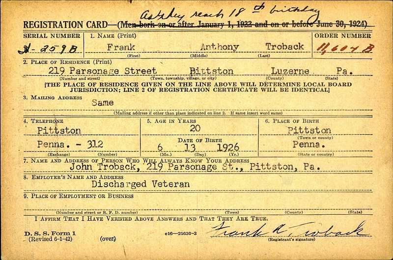 Frank Troback WW2 Draft Registration