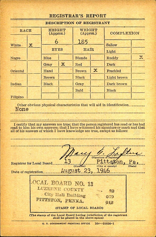 Frank Troback WW2 Draft Registration