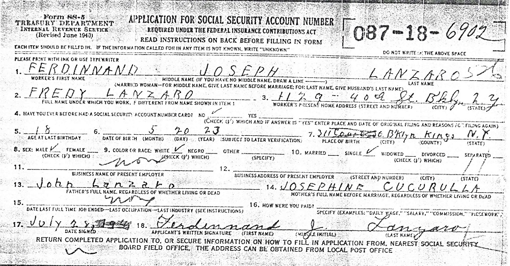 Fred Joseph Lanzaro Application for U.S. Social Security Card
