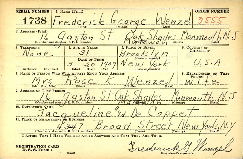 Frederick G. Wenzel WW2 Draft Registration