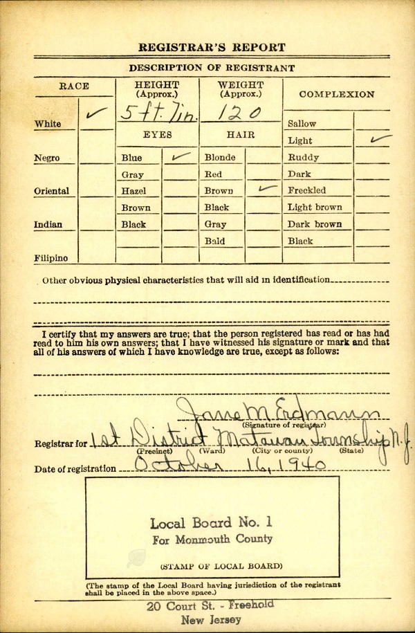 Frederick G. Wenzel WW2 Draft Registration