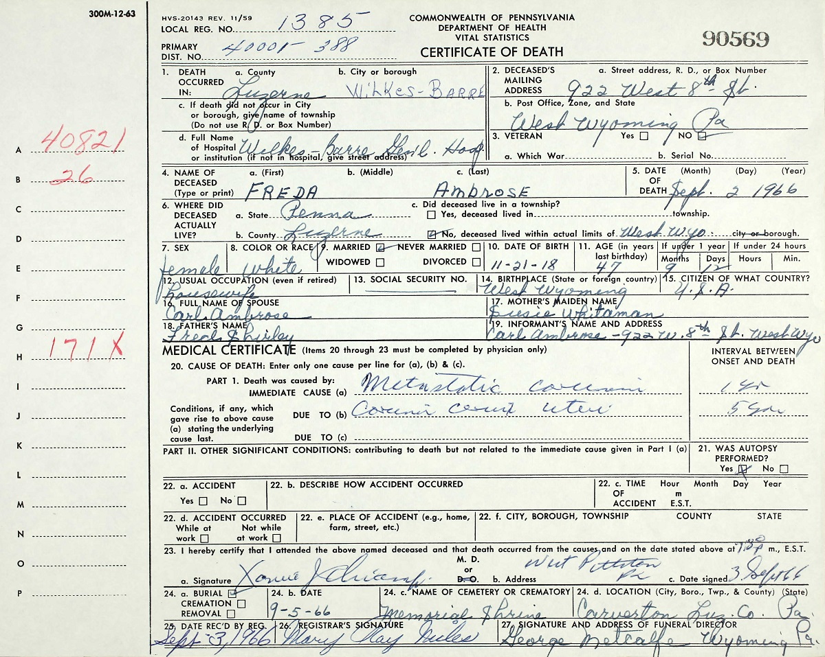 Frieda Shirley Ambrose Death Certificate