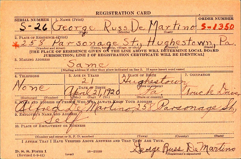 George DeMartino World War II Draft Registration