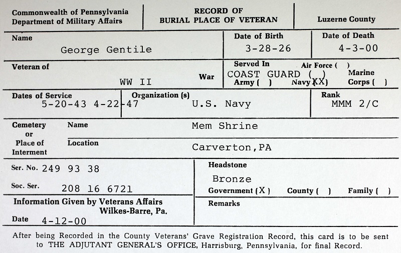 George Gentile Military Record