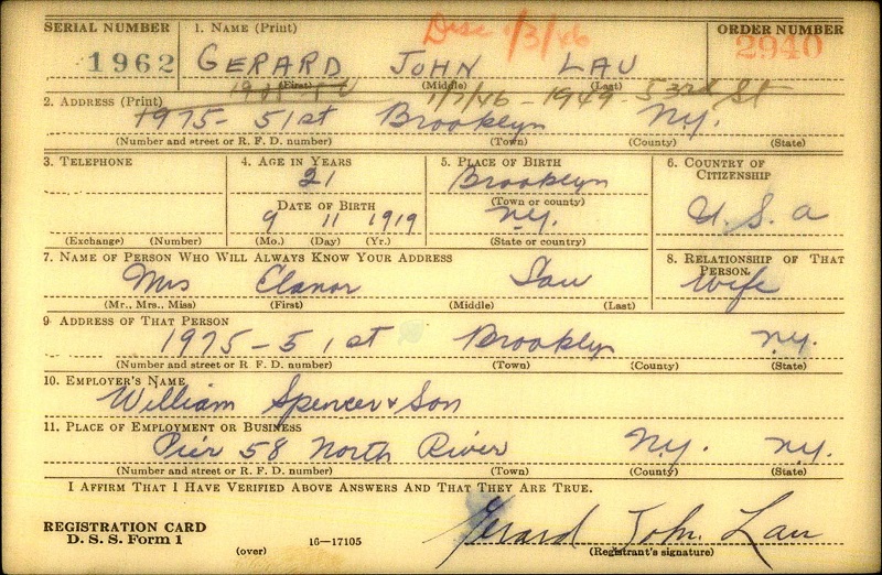 Gerard J. Lau Sr. WW2 Draft Registration