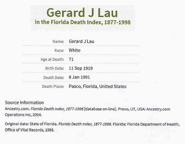 Gerard J. Lau Death Index
