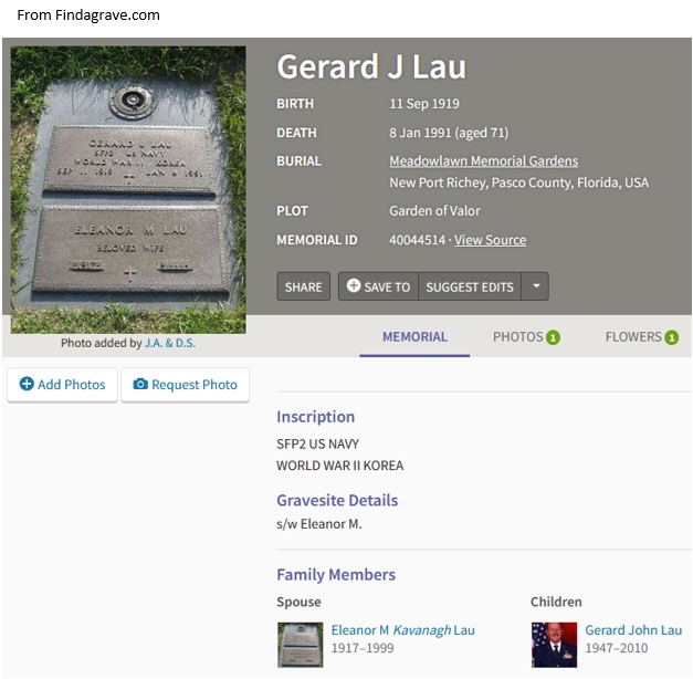 Gerard J. Lau Cemetery Record