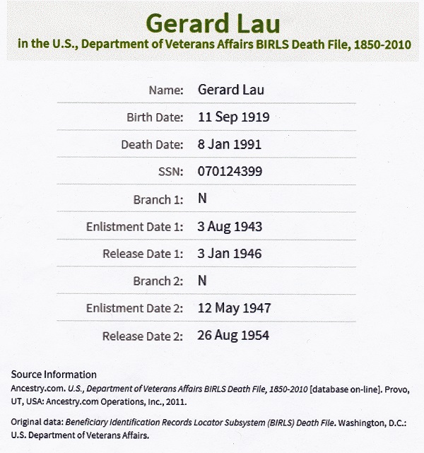 Gerard J. Lau Sr. Millitary Record