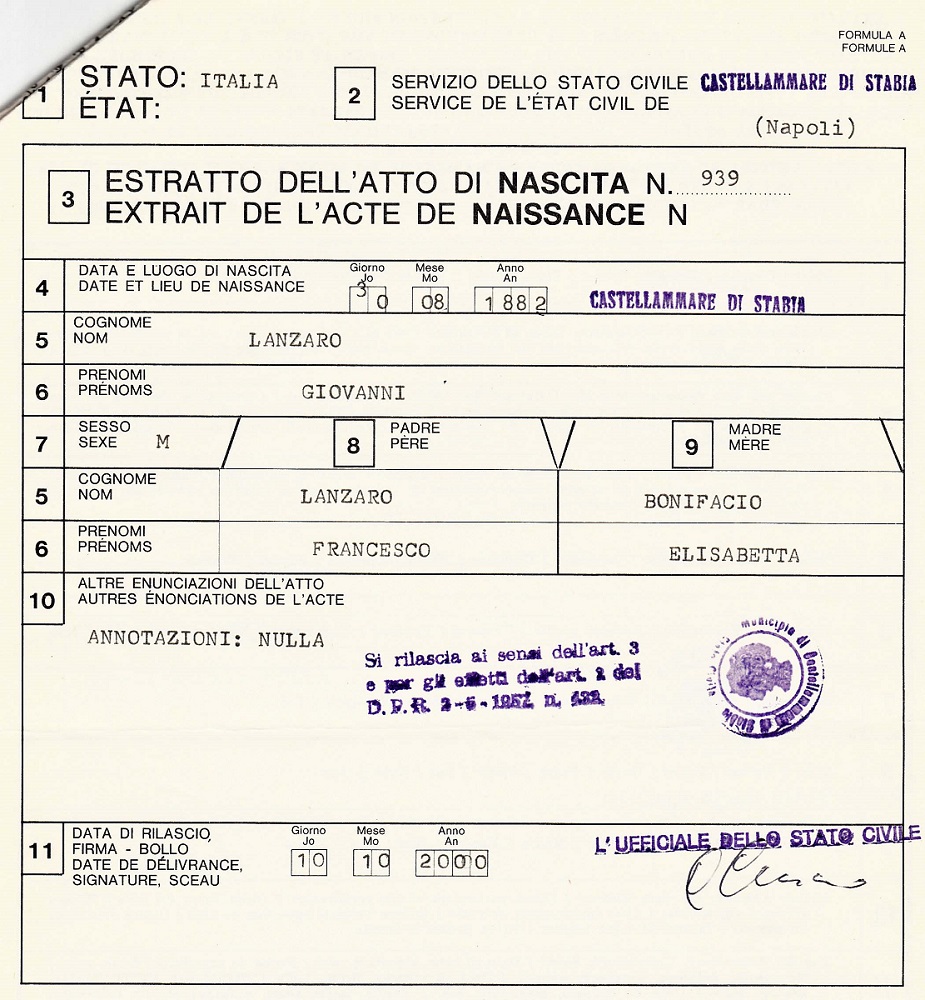 Giovanni Lanzaro Birth Certificate