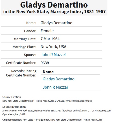 Gladys DeMartino and John Mazzei Marriage Index