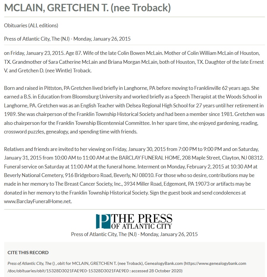 Gretchen Dorcas Troback McLain Obituary